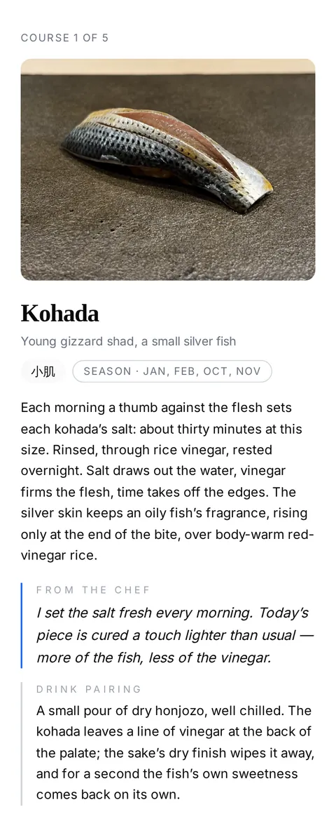 Kohada, saved as a photograph of its own, on top of the cover and the other four pieces