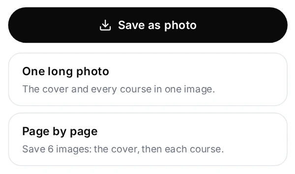 A Save as photo button, with two choices below it: one long photo, or page by page